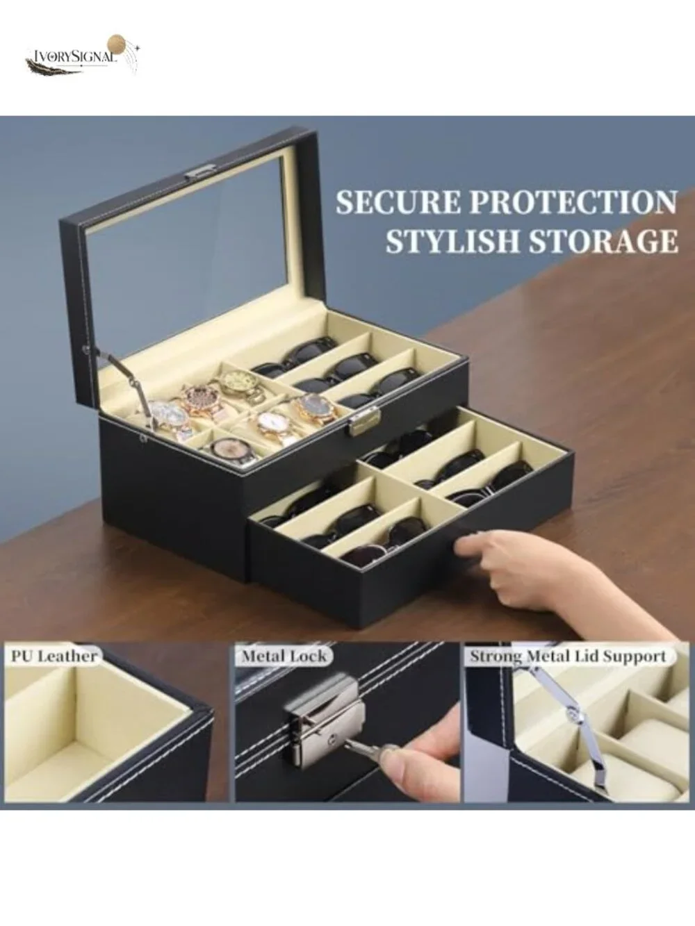 Lockable PU Leather Watch and Sunglasses Storage Case with Glass Top